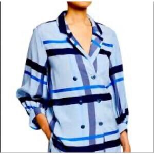 Lela Rose Blue Plaid Oversized Double Breasted Button Down Top Balloon Sleeves 6